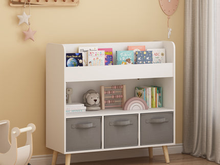 Bookshelf With 3 Bins, Storage Shelf For Toys And Books - White