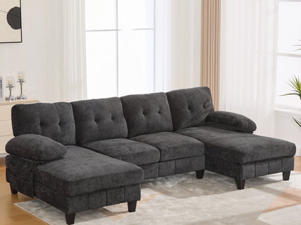 U-Shaped Sectional Sofa 103.5" Fabric Couch With Dual Chaise Lounges, Storage Pockets, Armrest Pillows
