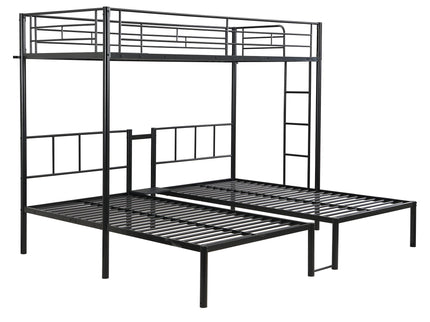 Twin Over Twin Over Twin Triple Bunk Bed With Safety Rails And Storage Shelf - Black
