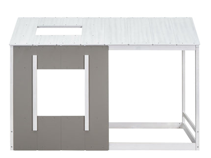 Twin Size House Platform Bed With Roof And Window - Natural / White