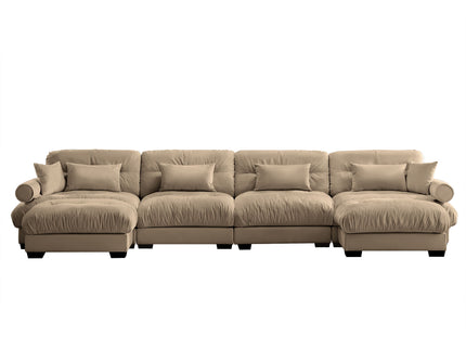 Modern Sectional Sofa With Ottoman, Round Bolster Armrests, Waist And Throw Pillows