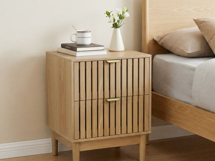 Bedside Table With Grille Design And 2 Drawers, Side Table For Bedroom - Oak