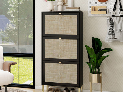 Modern Rattan 3 Door Shoe Rack Cabinet For Entryway