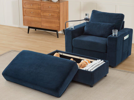 Modern Style Armchair Chaise Lounge Sofa Couch With Movable Storage Ottoman, USB Ports, Cup Holders, Phone Holder, Side Pockets