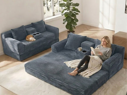 Soft Striped Convertible Sofa Bed, Dual Use Lounge Couch With Cup Holders And Pillows