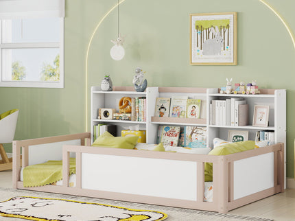 Platform Floor Bed With Guardrail Fence And Side Storage Shelves