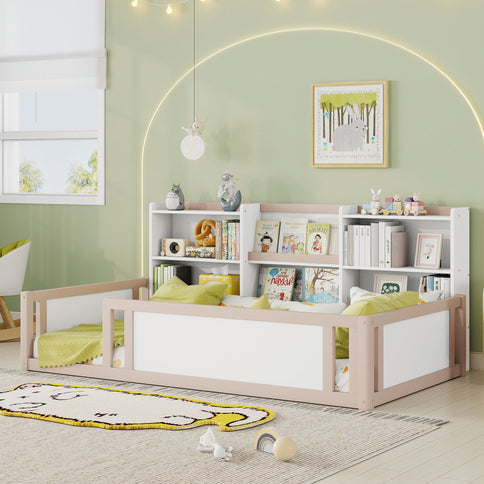 Platform Floor Bed With Guardrail Fence And Side Storage Shelves