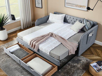 Daybed With Trundle And Storage Drawers, Flat Arms With Pocket