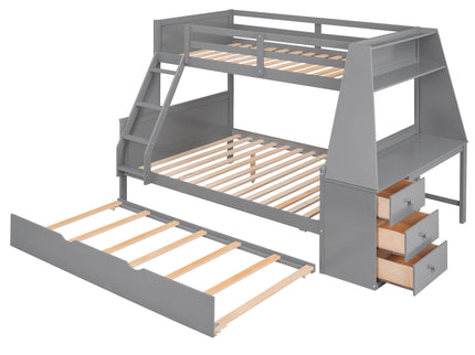 Bunk Bed With Trundle And Built In Desk, 3 Storage Drawers And Shelf