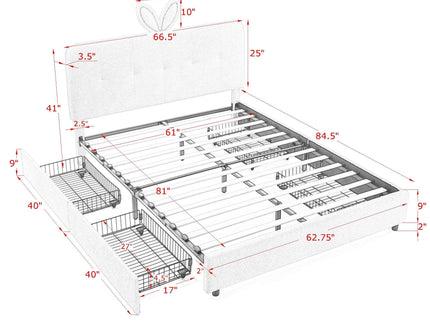 Upholstered Bed With Oversized Rabbit Ear Headboard, LED Lights & 4 Storage Drawers