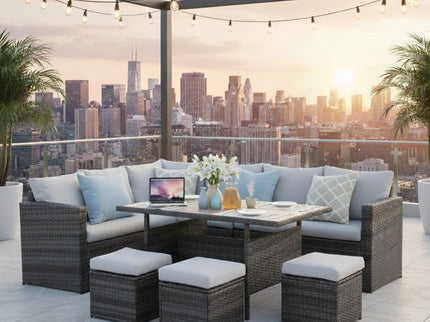 7 Piece Outdoor Dining Set With Cushions, Modular Sectional Sofa And Table