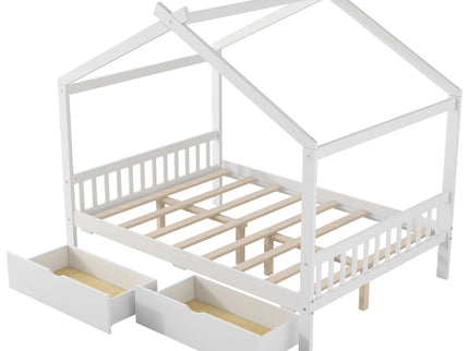 House Style Platform Bed With Headboard, Footboard, 2 Drawers, And Roof Design