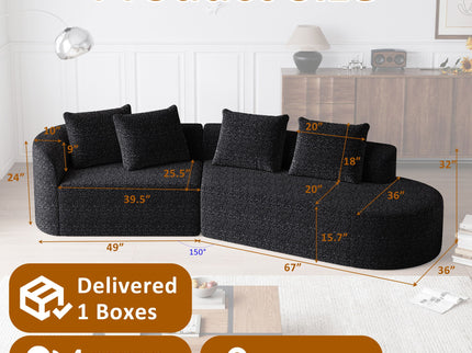 Upholstered Oversized Sectional Sofa, 4 Seater Extra Deep & Wide Curved Cloud Couch With 4 Throw Pillows For Living Room - Black