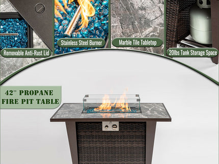 Fire Pit Table, Glass Wind Guard And Rain Cover, Lid - Brown