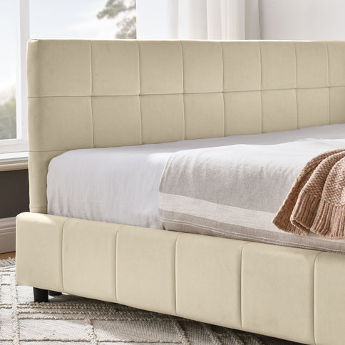 Mid-Century Storage Upholstered Tufted Bed Frame With Backrest And Armrests