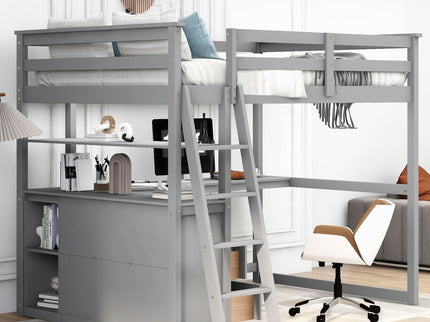 Modern Loft Bed With Built In Desk, Shelves, And 2 Drawers