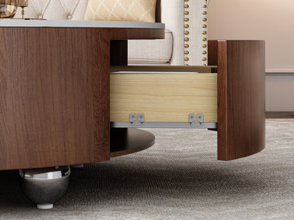 Round Coffee Table With 2 Drawers For Living Room - Walnut Brown / White / Multi