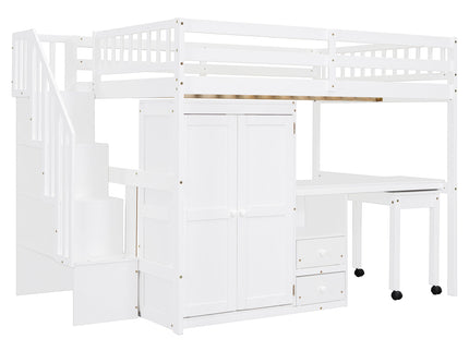 Loft Bed With Stairs, Bookshelf, Drawers, Desk & Wardrobe, Space Saving Multifunctional Furniture