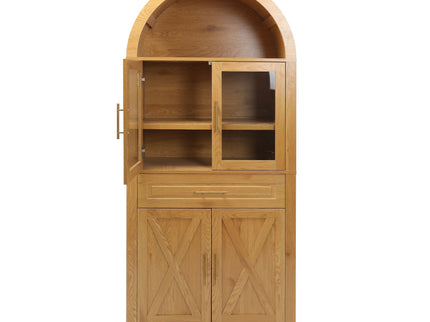 Arched Kitchen Pantry Cabinet With Adjustable Shelves And Barn Door Design