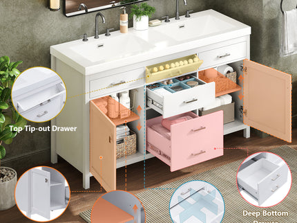 Double Sink Bathroom Vanity With Top, Soft Closing Doors & Drawers, Tip Out Drawer, 2 Cabinet Doors, Adjustable Shelf - White