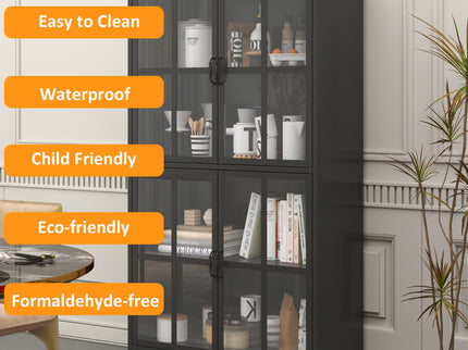 Premium Metal Storage Cabinet With Tempered Glass Doors, Adjustable Shelves, And Anti Tipping Device - Black