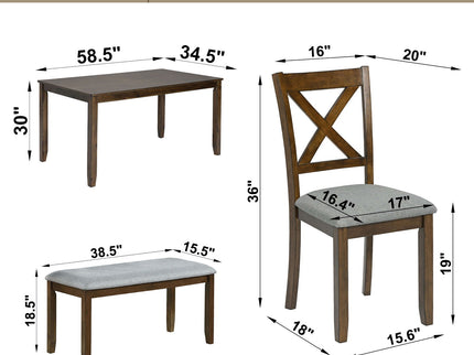 6 Pieces Kitchen Dining Set, Rectangular Wooden Dining Table With 4 Chairs And A Bench