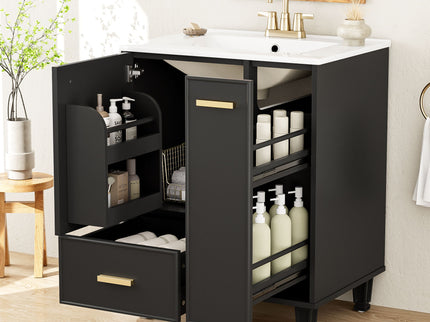 Bathroom Vanity With Sink, Deep Drawer And Pull Out Basket, Rectangular Design - Black
