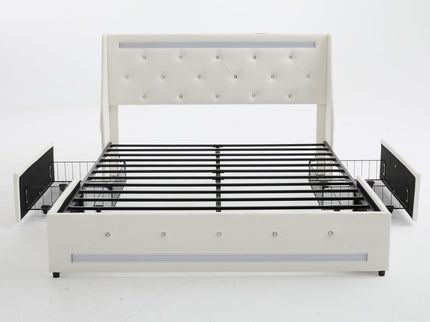 Wingback Upholstered Bed Frame With LED Lights, Charging Station