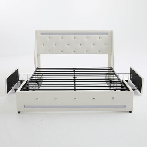 Wingback Upholstered Bed Frame With LED Lights, Charging Station
