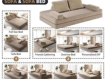 Multifunctional Convertible Sofa Bed With 2 Tumbler Backrests And 2 Pillows, Deep Seat Couch