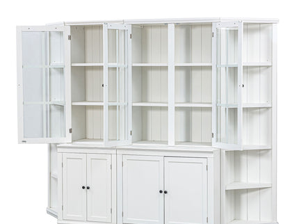 Retro Style Wall Suit With Glass Doors, 75.25" Tall Display Cabinets & Triangle Sided Bookshelves - White