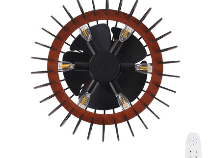 Ceiling Fan, Fandelier With 6 E12 Sockets, Reversible DC Motor, 6 Speeds, Remote Control, Adjustable Hanging - Black / Brown