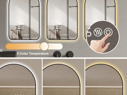Arched LED Vanity Mirror With Time & Temperature Display, Anti-Fog, Dimmable Backlight In Frame, 3 Color Temperatures