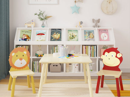 Kids Table And 2 Chairs Set, 3 Pieces Toddler Table And Chair Set, Wooden Activity Play Table Set (Lion&Monkey) - Natural