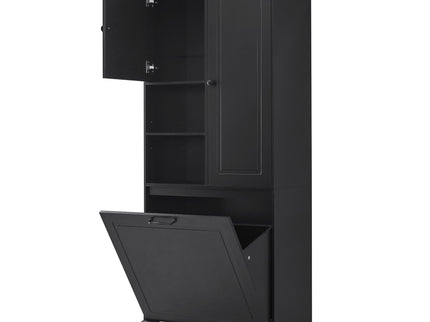Modern Tall Storage Cabinet With Adjustable Shelves, Flip-Out Basket & Enclosed Doors