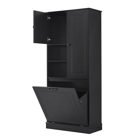 Modern Tall Storage Cabinet With Adjustable Shelves, Flip-Out Basket & Enclosed Doors