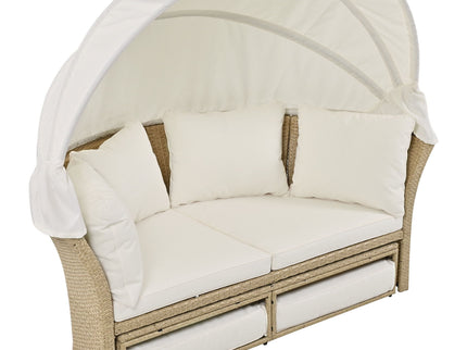 Outdoor Patio Daybed Wicker Rattan Double Daybed Round Sofa Furniture Set With Retractable Canopy, 4 Pillows For Lawn Garden