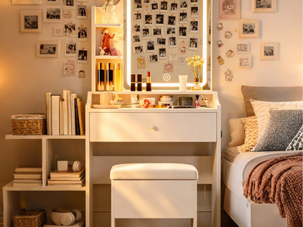 Smart LED Mirror Vanity Set With Storage For Bedrooms - Cream White