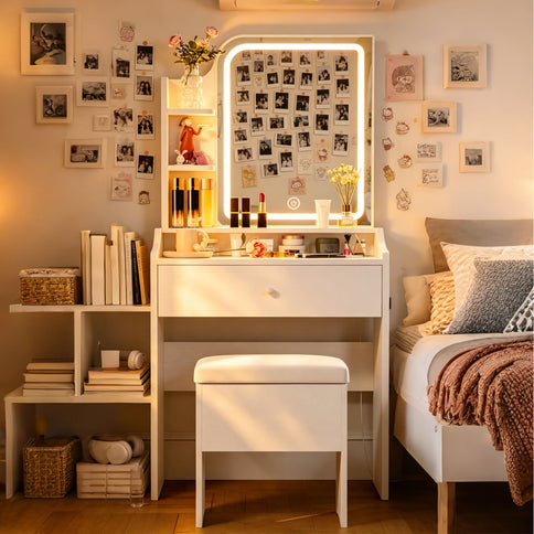 Smart LED Mirror Vanity Set With Storage For Bedrooms - Cream White