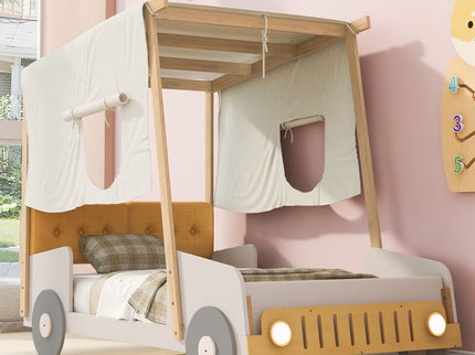 Twin Size Car Bed With Pillow, Ceiling Cloth And LED - Natural