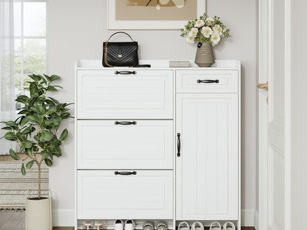 Shoe Cabinet With 4 Doors 1 Drawers, PVC Door With Shape, Large Space For Storage - White