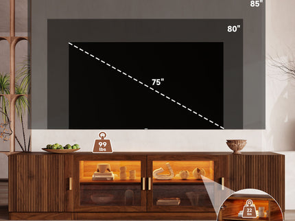 TV Stand, Media Console With Glass Doors And LED Lights, Adjustable Shelf Storage - Walnut