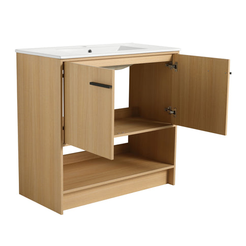 Modern Bathroom Vanity With Ceramic Sink, Freestanding Cabinet, Soft Closing Doors