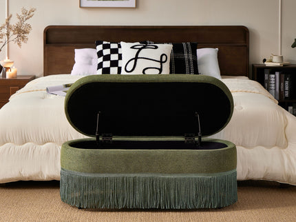 Oval Upholstered Storage Ottoman With Fringe Trim & Lift Top Lid