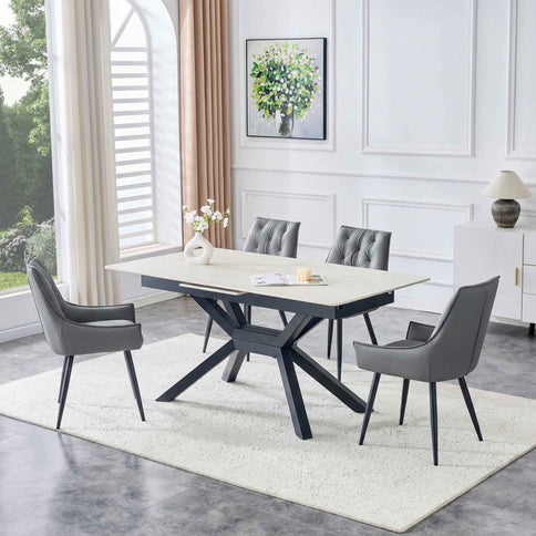 Rectangular Extendable Dining Table With Geometric X Frame, Kitchen Table For Dining Room - Beige