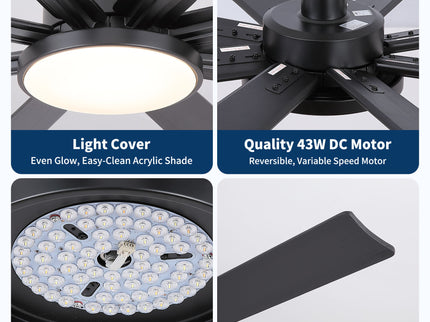 Large Ceiling Fan With Dimmable LED Light 8 Blades Remote Control, Reversible DC Motor