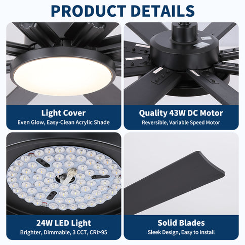 Large Ceiling Fan With Dimmable LED Light 8 Blades Remote Control, Reversible DC Motor