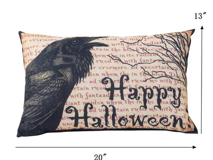 Crow Happy Halloween Pillow - Beige / Black