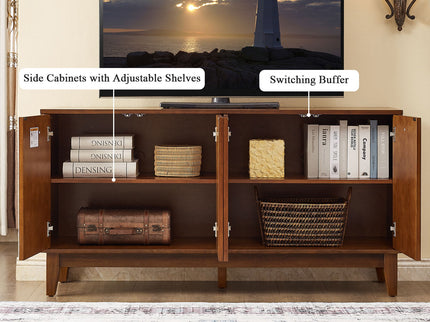 TV Stand With Carved Geometric Doors Storage Cabinet, 4 Door Media Console For Living Room - Walnut