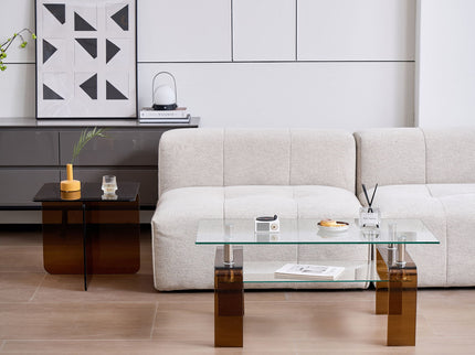 Modern Tempered Glass Coffee Table With 2 Tier Storage For Living Room